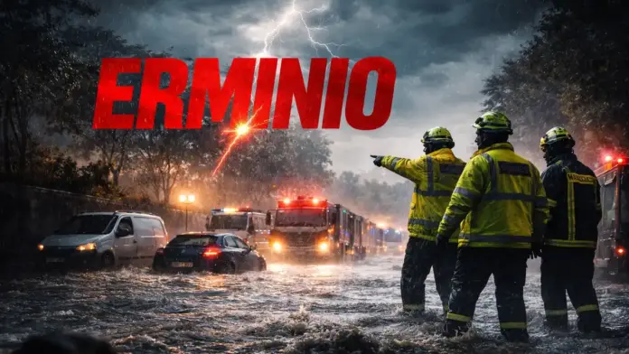 Cinematic featured image of Storm ERMINIO in Greece with emergency responders, floodwater, and severe weather conditions