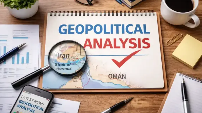 Desk scene with a notebook reading geopolitical analysis and a magnified map showing Iran and the Strait of Hormuz