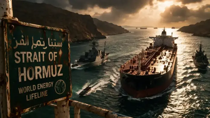 Dramatic aerial view of the Strait of Hormuz with tanker traffic, naval presence, and regional tension affecting global shipping
