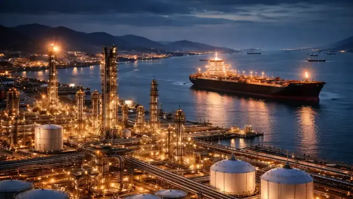 Νυχτερινή, θεσμική εικόνα που “δένει” το θέμα των Στενών του Ορμούζ: φωτισμένες εγκαταστάσεις ενέργειας δίπλα στη θάλασσα και ένα μεγάλο δεξαμενόπλοιο που κινείται σε στενό θαλάσσιο πέρασμα, με την ακτογραμμή και τα βουνά στο βάθος — σαν να δείχνει πόσο κρίσιμο είναι αυτό το σημείο για τις παγκόσμιες ροές.