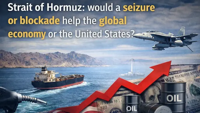Oil tanker in the Strait of Hormuz with visual elements tied to U.S. markets, oil prices, and the global economy