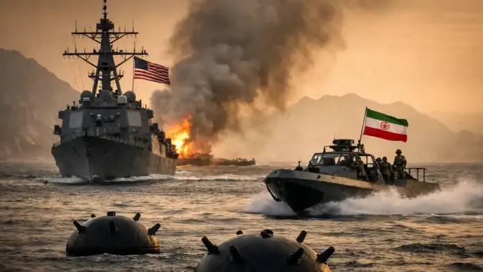 Πολεμικά πλοία και θαλάσσιες νάρκες στα Στενά του Ορμούζ σε συμβολική απεικόνιση της κλιμάκωσης ΗΠΑ - Ιράν