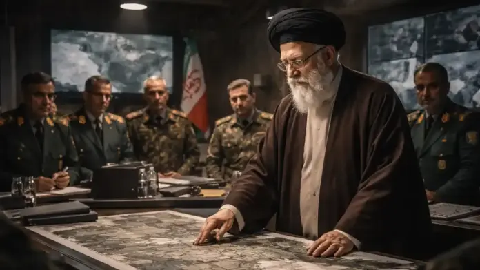Institutional image of Iran’s post-Khamenei power structure showing a senior cleric in a Tehran war room with military officials
