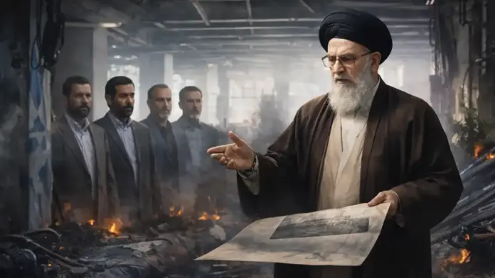 Θεσμική γεωπολιτική εικόνα με ανώτερο ιρανό κληρικό σε κατεστραμμένο κτίριο, που συμβολίζει την αβεβαιότητα εξουσίας στην Τεχεράνη μετά τον Χαμενεΐ