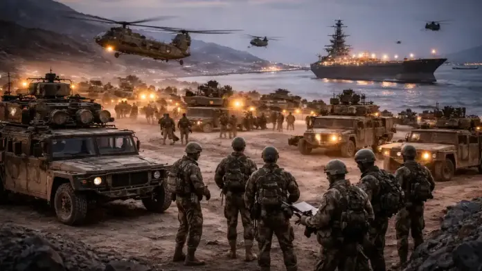 Θεσμική εικόνα σούρουπου κοντά στον Περσικό Κόλπο: οργανωμένη στρατιωτική κινητοποίηση με οχήματα στο έδαφος, ελικόπτερα στον ουρανό και ισχυρή ναυτική παρουσία στο βάθος, που αποδίδει την ένταση και την κλιμάκωση χωρίς καμία λέξη ή τίτλο πάνω στην εικόνα.