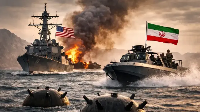 U.S. and Iranian naval vessels in a symbolic Strait of Hormuz escalation scene with sea mines in the foreground
