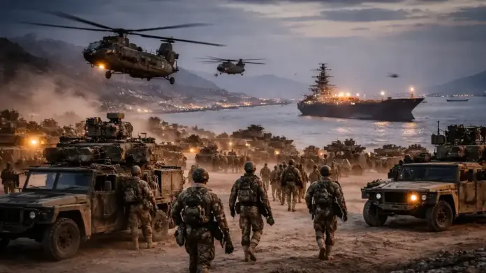 Μια δυνατή, θεσμική εικόνα σε σούρουπο: στρατιωτικές δυνάμεις κινούνται οργανωμένα σε αμμώδες τοπίο κοντά σε ακτή, με ελικόπτερα χαμηλά στον ουρανό και μεγάλα πλοία στο βάθος — σαν να δείχνει κλιμάκωση και υψηλό επιχειρησιακό ρίσκο, χωρίς καμία λέξη ή τίτλο πάνω στην εικόνα.