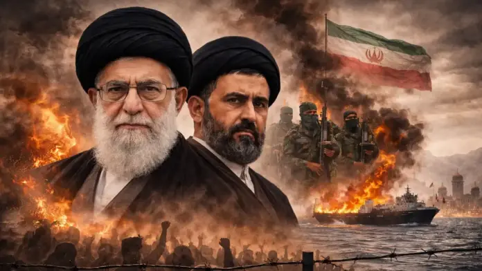 Institutional American-style editorial illustration of Iran’s shadow power structure and the Khamenei dynasty