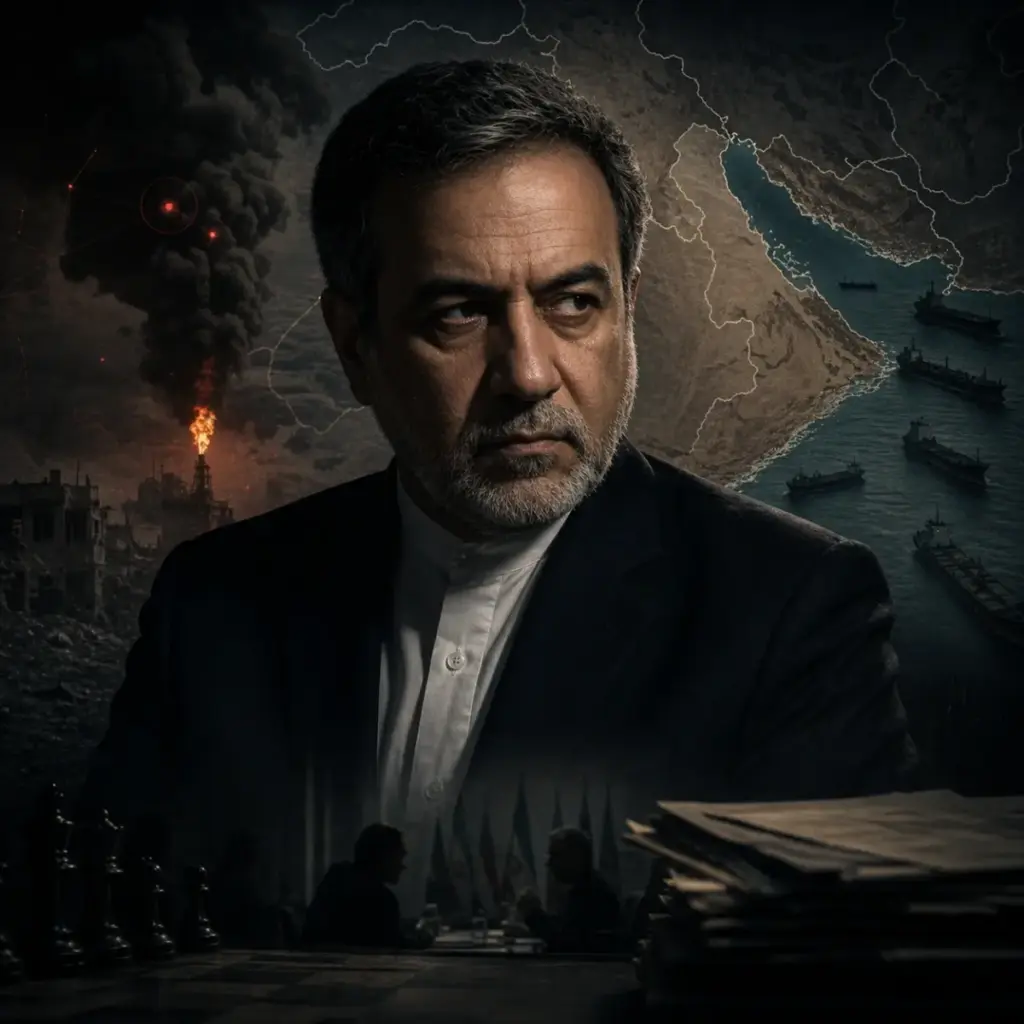 Σκοτεινή θεσμική εικόνα του Abbas Araghchi με φόντο γεωστρατηγική κρίση, θαλάσσιο διάδρομο, καπνό, χάρτη της περιοχής και ατμόσφαιρα έντασης