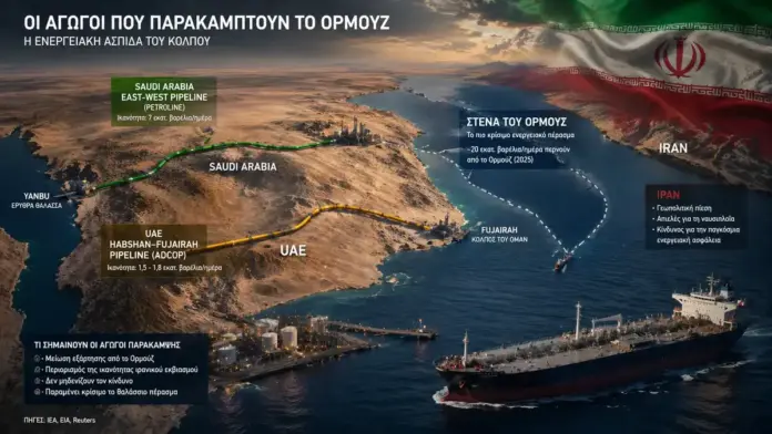 Χάρτης γεωπολιτικής ενέργειας με τους αγωγούς της Σαουδικής Αραβίας και των ΗΑΕ που παρακάμπτουν τα Στενά του Ορμούζ