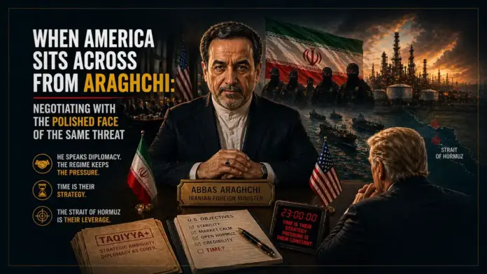 Cinematic featured image of Abbas Araghchi facing the United States across a negotiation table, with Hormuz, Iranian military symbolism, and strategic pressure shaping the crisis