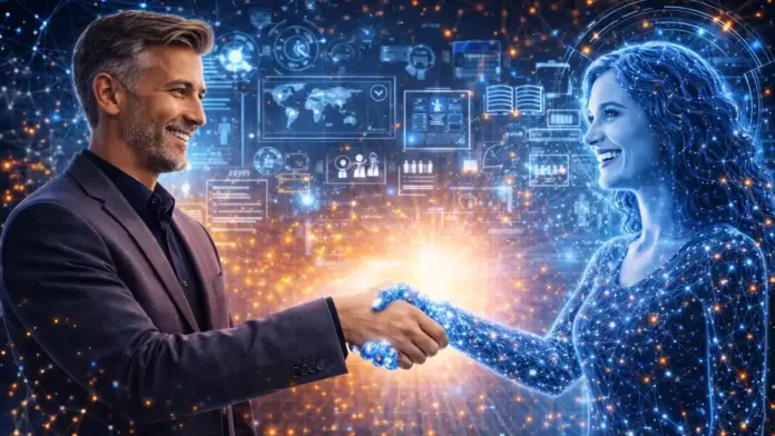 Χαμογελαστός άνδρας και ψηφιακή γυναίκα-AI ανταλλάσσουν χειραψία σε ισχυρή εικόνα συνεργασίας ανθρώπου και τεχνητής νοημοσύνης