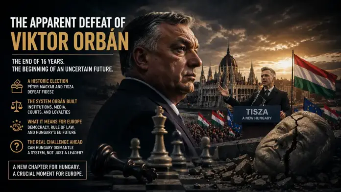 Cinematic political image of Viktor Orbán after his apparent defeat in Hungary’s historic election