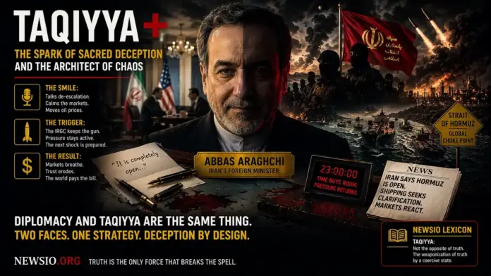 Cinematic featured image of Abbas Araghchi at the center of a geopolitical deception narrative, with Hormuz, IRGC forces, missiles, and diplomatic theater symbolizing strategic ambiguity and state pressure