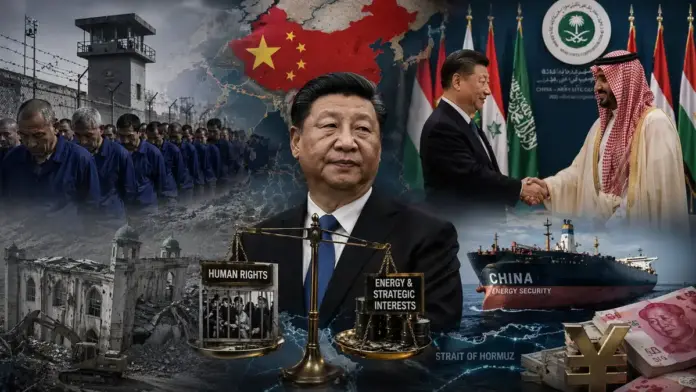 Featured image showing China’s geostrategic hypocrisy through repression in Xinjiang, mosque destruction, Gulf diplomacy, energy routes, and yuan-linked strategic expansion