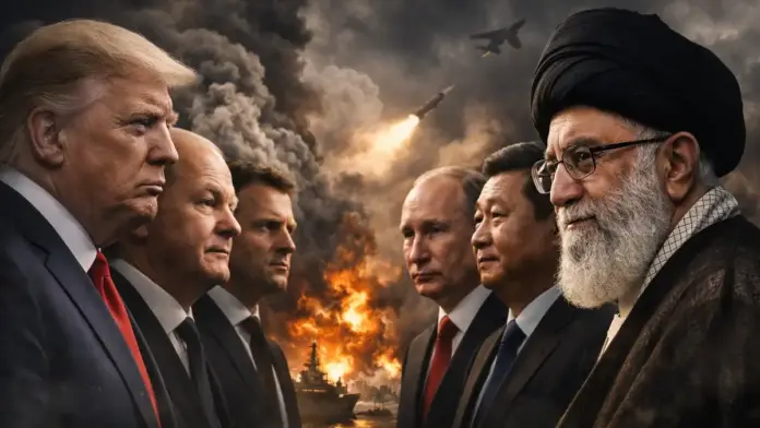 Cinematic institutional image of Donald Trump, key European leaders, and the opposing bloc led by Iran, Russia, China, and North Korea in a high-stakes geopolitical confrontation