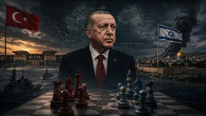 Cinematic editorial image of Erdogan between Turkey, Israel, and the eastern Mediterranean, with naval, map, and geopolitical tension elements
