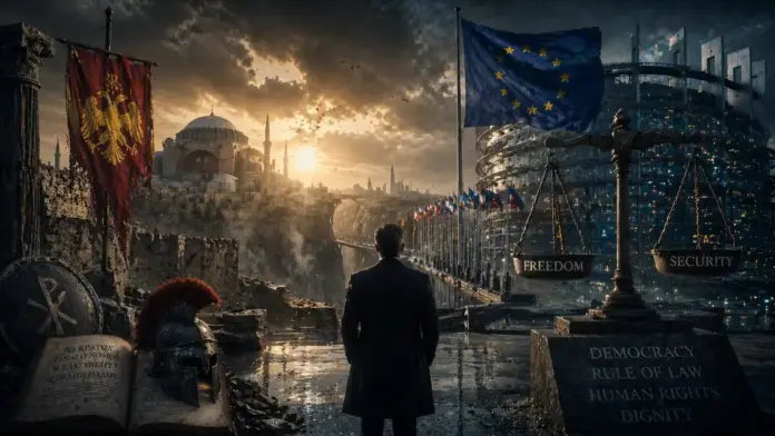 Cinematic institutional image linking Byzantine history with modern Europe’s crisis of cohesion, democracy, and rule of law