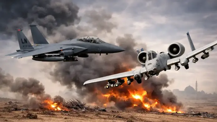 Institutional image of an F-15E and an A-10 over a conflict zone for an EN-US article on air-war escalation and confirmed U.S. aircraft losses