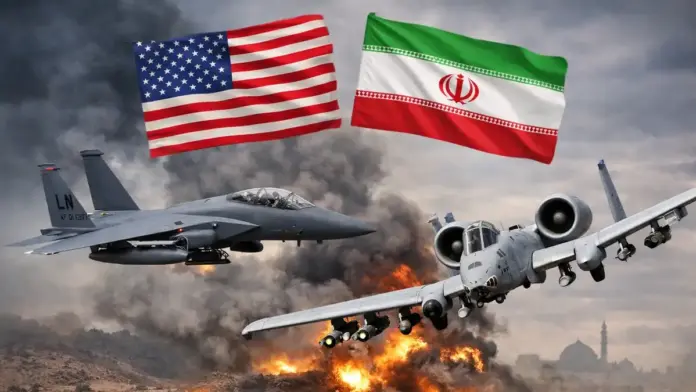 Θεσμική εικόνα με αμερικανικά αεροσκάφη F-15E και A-10 σε γεωπολιτικό φόντο έντασης για άρθρο σχετικά με την κατάρριψη και την κλιμάκωση της κρίσης από το καθεστώς της Τεχεράνης.