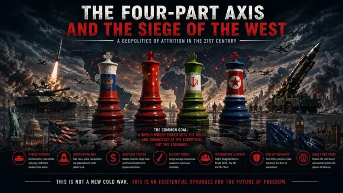 Cinematic geopolitical image of Russia, China, Iran, and North Korea converging against the West