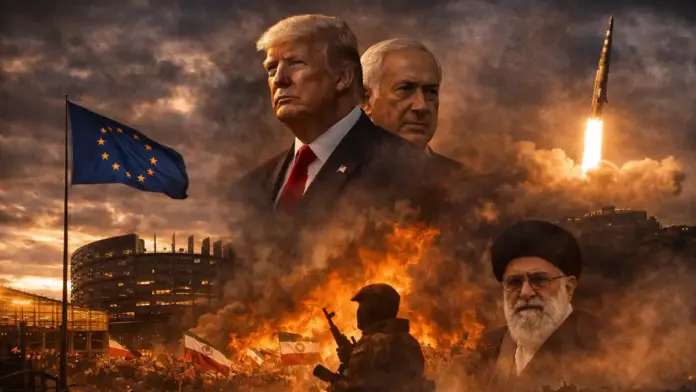 Cinematic institutional image of Donald Trump and Benjamin Netanyahu centered above a backdrop of European hesitation, Iranian unrest, and wider geopolitical conflict