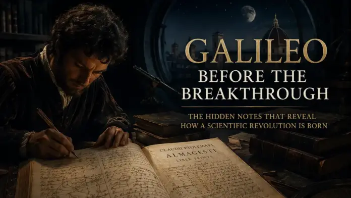 Cinematic editorial image of Galileo studying annotated pages of the Almagest before the scientific breakthrough