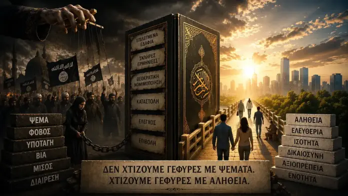 Κινηματογραφική επιλεγμένη εικόνα με αντίθεση ανάμεσα σε θεοκρατική επιβολή και αλήθεια, με κεντρικό βιβλίο, γέφυρα προς το φως και συμβολισμό ελευθερίας, δικαιοσύνης και ενότητας