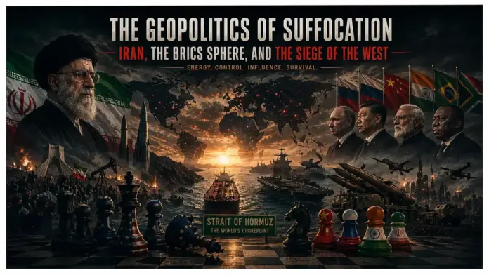 Cinematic geopolitical image of Iran, the BRICS sphere, and the strategic siege of the West around the Strait of Hormuz