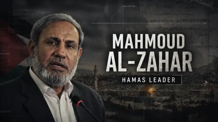 Cinematic editorial image of Mahmoud al-Zahar for an analysis article on Hamas leadership and ideology