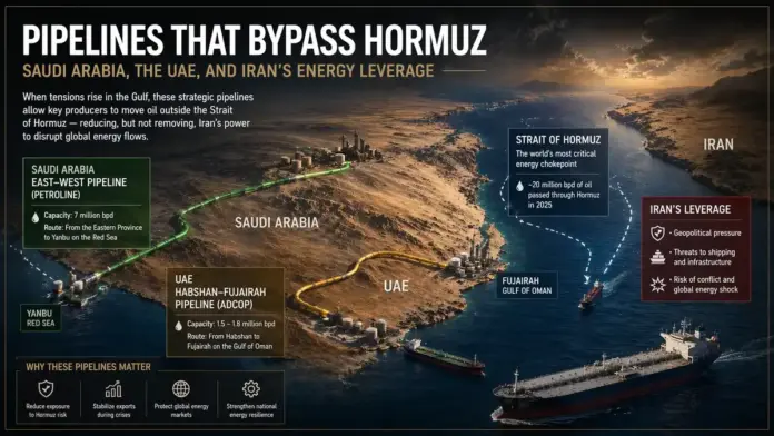 Map-style geopolitical image showing the Saudi and UAE pipelines that bypass the Strait of Hormuz