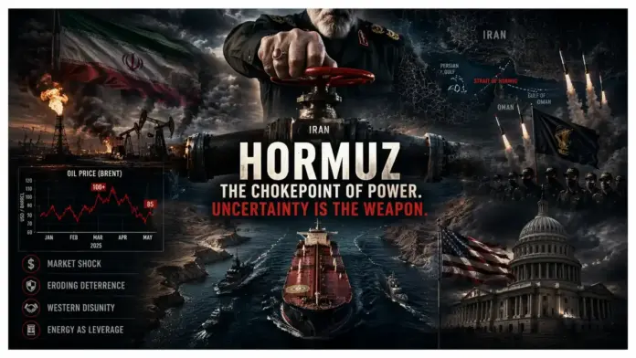 Cinematic featured image of the Strait of Hormuz as a geopolitical chokepoint, showing Iranian control symbolism, oil price volatility, military pressure, and the strategic use of uncertainty as leverage