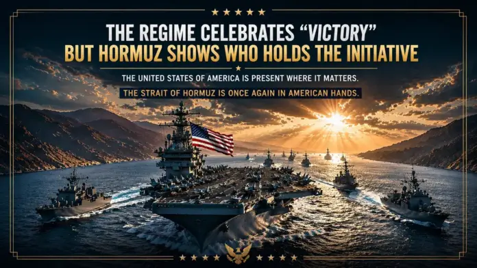 Premium editorial image of a U.S. naval fleet in the Strait of Hormuz with headline text about the regime’s victory narrative and American initiative