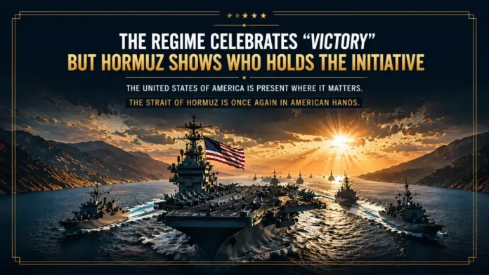 Premium editorial image of a U.S. naval fleet in the Strait of Hormuz with headline text about the regime’s victory narrative and American initiative