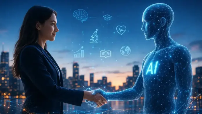 Human hand shaking a digital AI hand in a strong visual about trust, collaboration, and the future of human-AI partnership