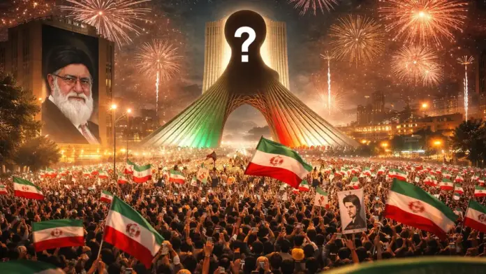 Θεσμική εικόνα με πλήθος στην Τεχεράνη, ιρανικές σημαίες και συμβολισμό γύρω από τον απόντα ηγέτη μέσα σε κλίμα κρατικής προπαγάνδας