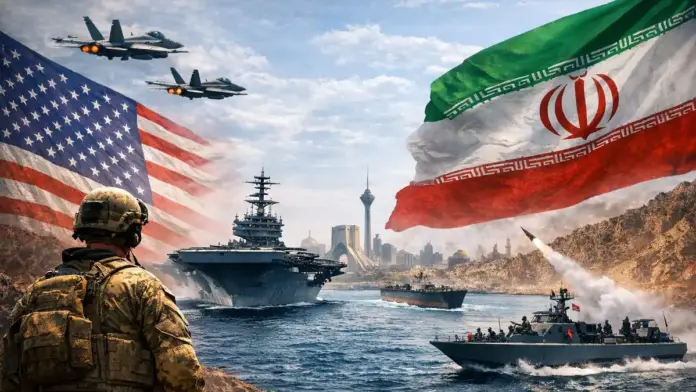 Θεσμική εικόνα γεωπολιτικής έντασης ανάμεσα στις ΗΠΑ και το Ιράν στα Στενά του Ορμούζ με αεροπλανοφόρο, μαχητικά και ταχύπλοα