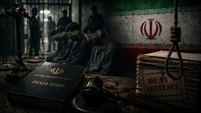 Editorial image showing Iran’s judiciary symbolism, blindfolded detainees, legal files, and execution imagery in a dark institutional setting