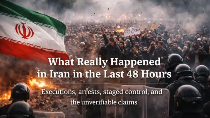 Institutional image showing protests in Iran, riot police, smoke, and civil unrest for an EN-US article on the last 48 hours in Iran