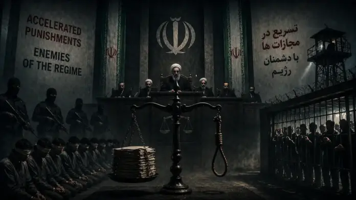 Editorial image showing a repressive courtroom scene, blindfolded detainees, and symbolic accelerated punishments under the Iranian regime
