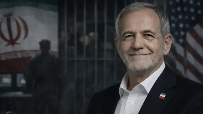 Masoud Pezeshkian with a restrained smile, set against the Iranian flag, prison bars, and shadowy security presence, reflecting Iran’s double messaging to the American public.