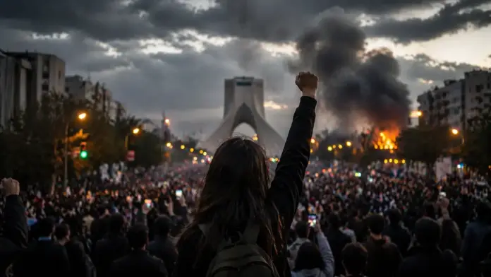 Cinematic wide-angle protest scene in Iran showing civilians facing regime repression in a tense urban setting
