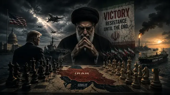 Editorial image showing Iran regime symbolism, strategic chessboard imagery, U.S.-Iran tension, and the Strait of Hormuz during a fragile geopolitical pause