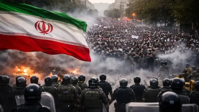 Θεσμική εικόνα με διαδηλώσεις στο Ιράν, δυνάμεις ασφαλείας και ατμόσφαιρα έντασης για άρθρο σχετικά με τις τελευταίες 48 ώρες και την καταστολή
