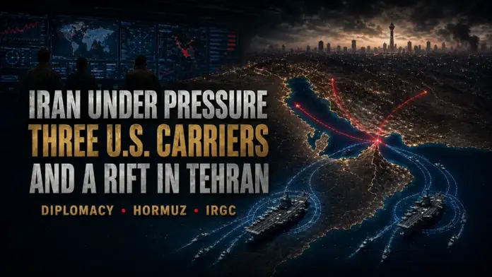 Institutional cinematic featured image showing Iran under pressure, three U.S. aircraft carriers near the Strait of Hormuz, and a strategic rift inside Tehran