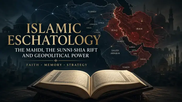 Institutional cinematic featured image on Islamic eschatology, the Mahdi, the Sunni-Shia rift, and geopolitical power, with an open sacred book and a divided Middle East map