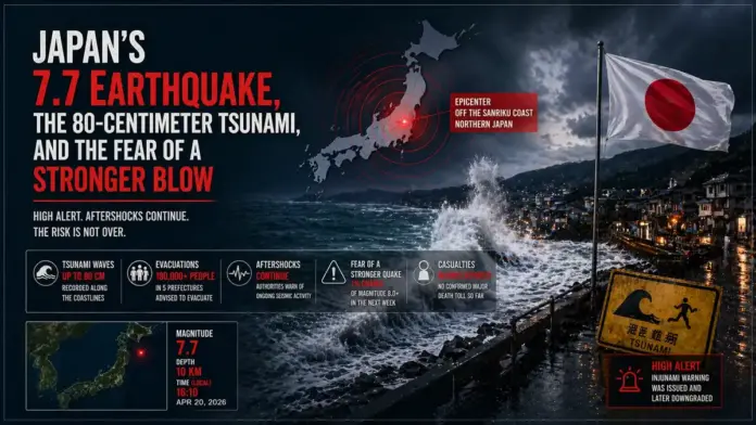 Institutional cinematic featured image showing Japan’s 7.7 earthquake, coastal tsunami impact, warning systems, and fears of a stronger follow-up quake