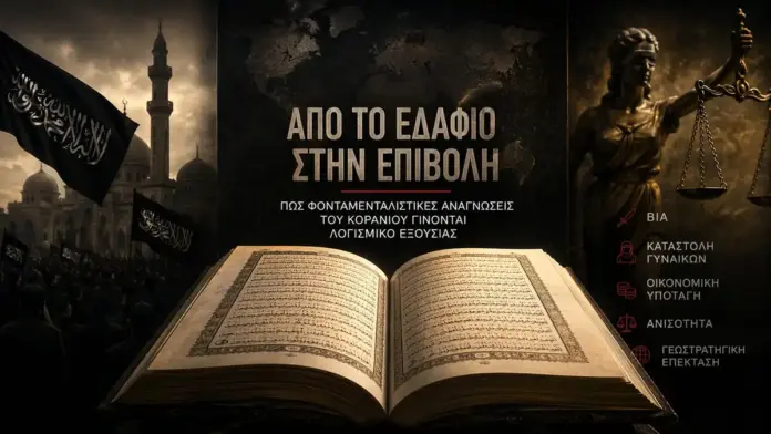 Ανοιχτό Κοράνι σε θεσμική κινηματογραφική σύνθεση που αποτυπώνει τη φονταμενταλιστική εργαλειοποίηση του ιερού κειμένου ως μηχανισμού επιβολής και εξουσίας