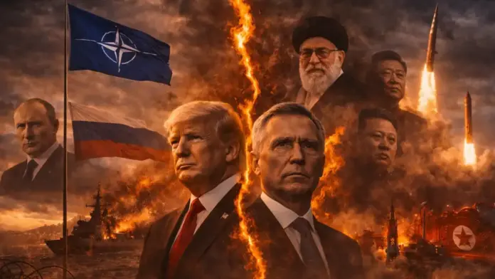 Θεσμική κινηματογραφική εικόνα για την κρίσιμη καμπή ΗΠΑ και ΝΑΤΟ με φόντο γεωπολιτική ένταση, το Ιράν και το αντιδυτικό μπλοκ