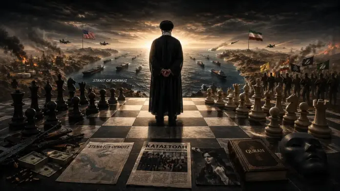 Θεσμική κινηματογραφική εικόνα με συμβολισμό του καθεστώτος της Τεχεράνης, σκακιέρα γεωπολιτικής σύγκρουσης, Ορμούζ και καταστολή ανθρωπίνων δικαιωμάτων
